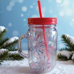 NWOT Aladdin Mason Jar USA Mug 32oz Clear Fireworks Stars Insulated Tumbler Lid